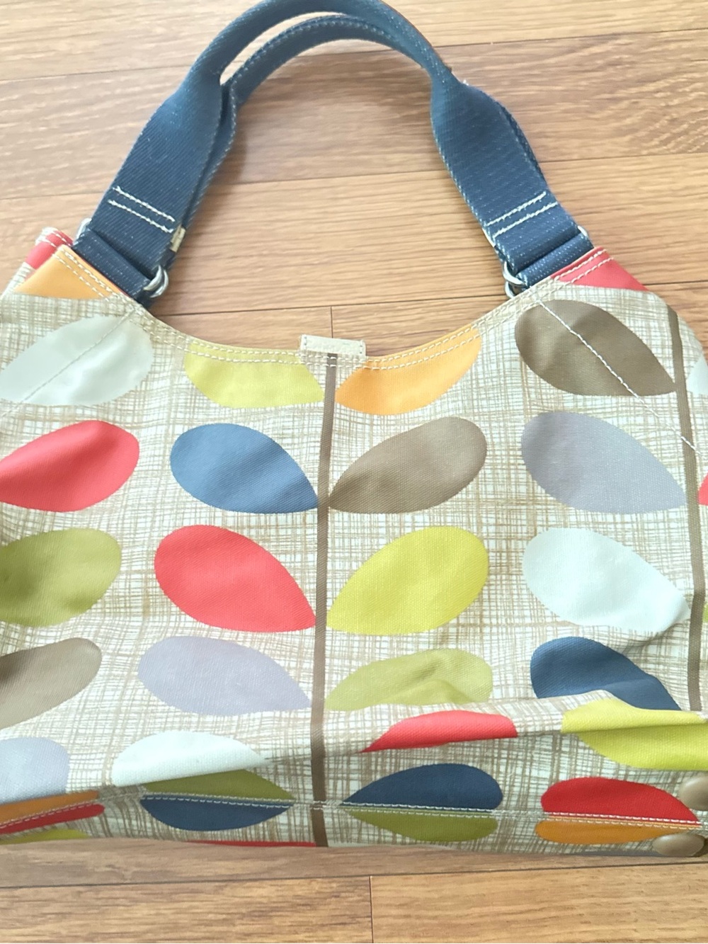 Canvas Tote Bag with Multicolor Leaf Print - Navy Handles